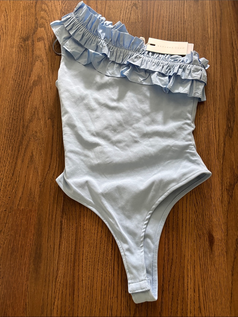NEW with tags Endless Rose Pale Blue One-Shoulder Ruffle Bodysuit